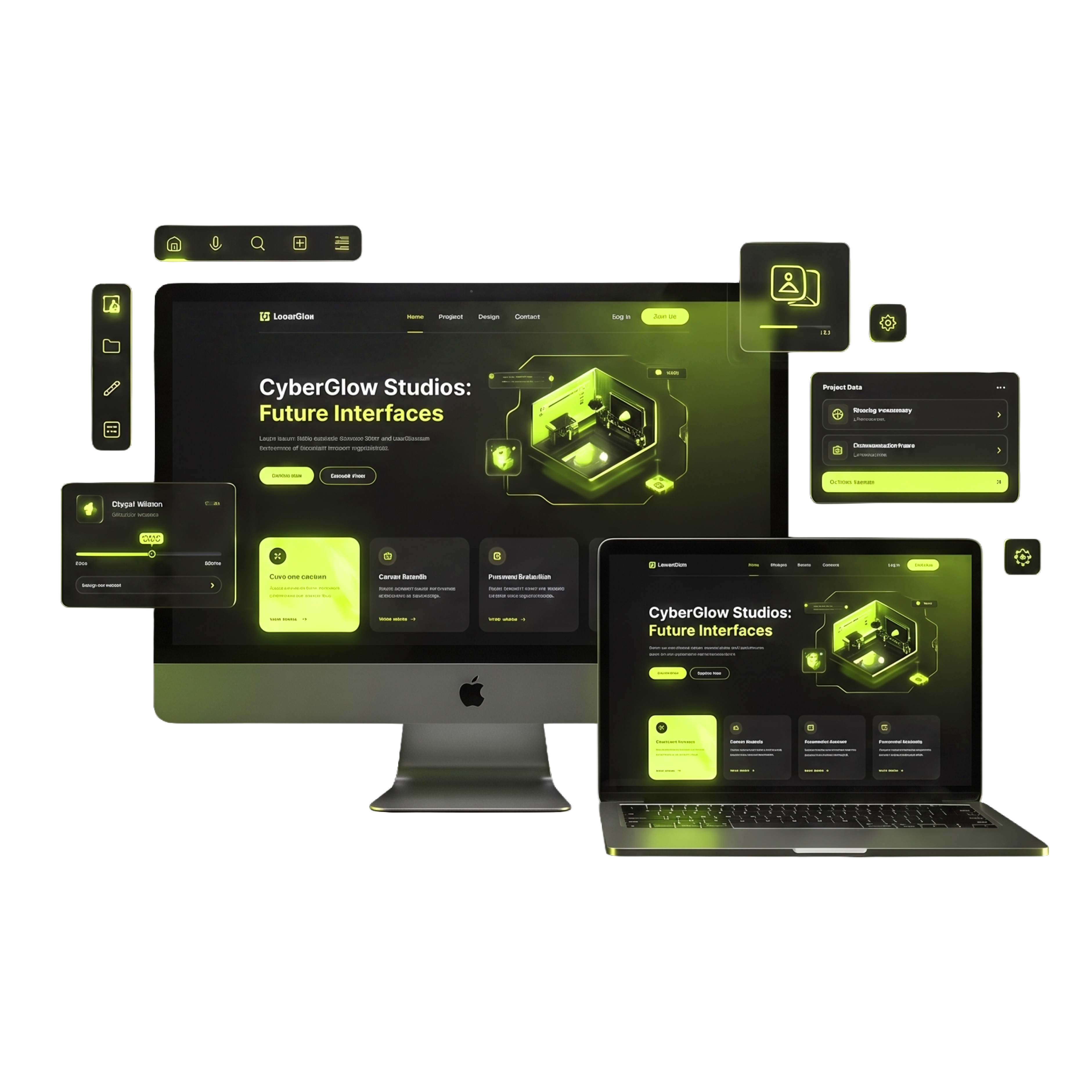 Website development visual with desktop and laptop interfaces
